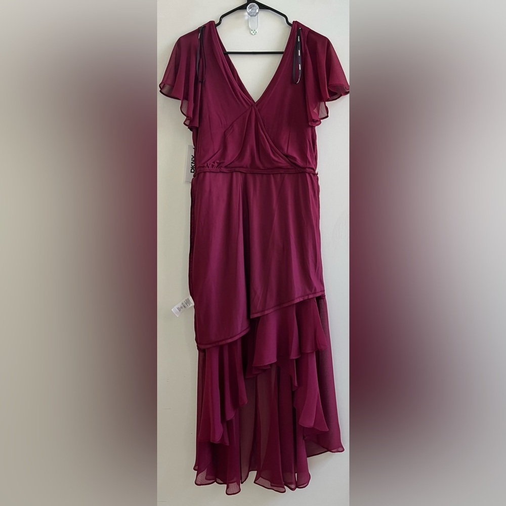 DKNY V-Neck Ruffled High-Low Hem burgundy dress size:6 - Picture 13 of 16